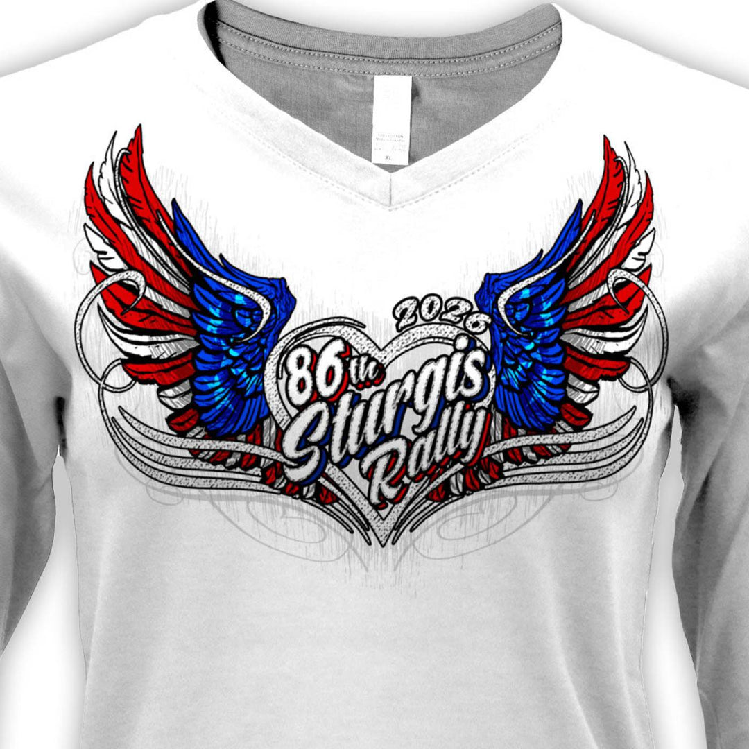 2026 Ladies Sturgis Motorcycle Rally Flag Heart Angel White Long Sleeve Shirt - SPL3900