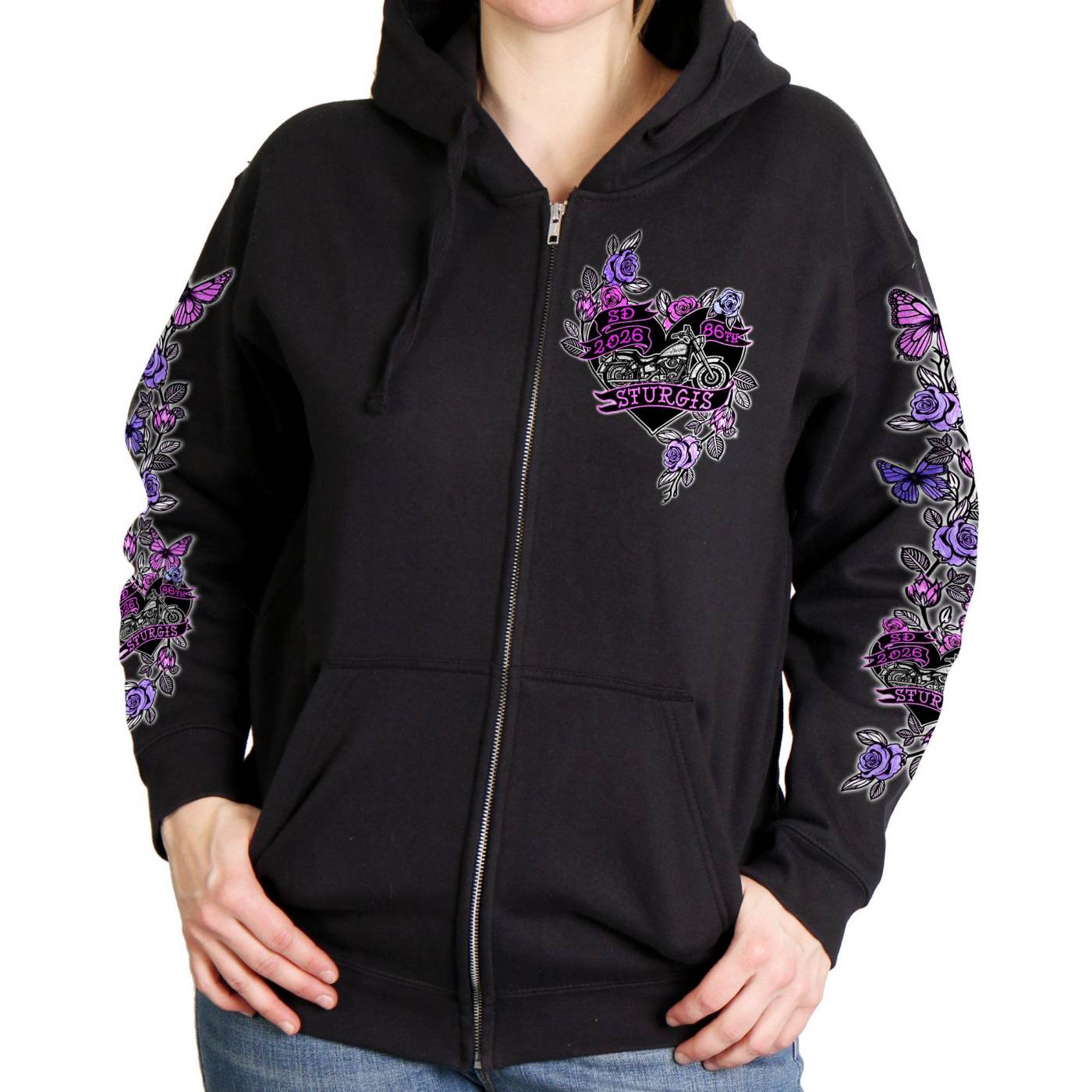 2026 Ladies Sturgis Motorcycle Rally Butterflies and Roses Black Zip-Up Hoodie - SPL4891