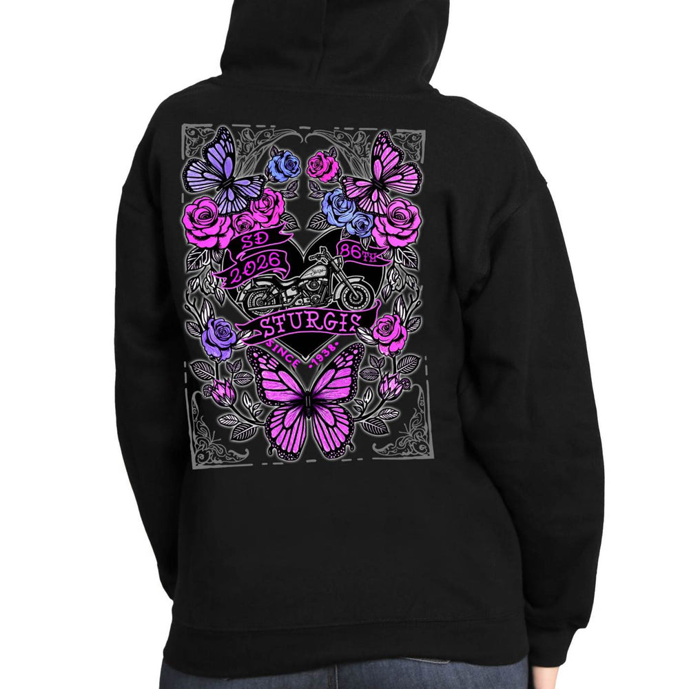 2026 Ladies Sturgis Motorcycle Rally Butterflies and Roses Black Zip-Up Hoodie - SPL4891