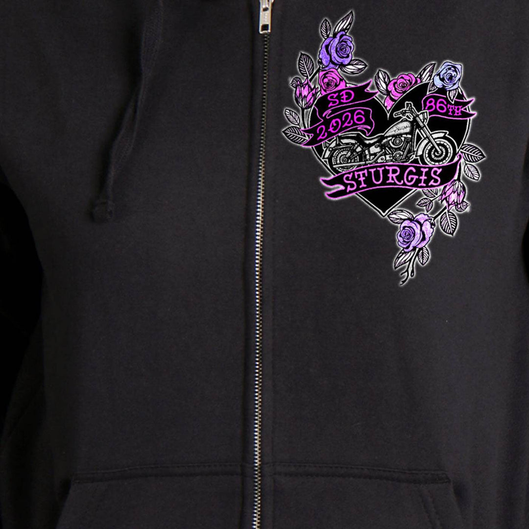 2026 Ladies Sturgis Motorcycle Rally Butterflies and Roses Black Zip-Up Hoodie - SPL4891