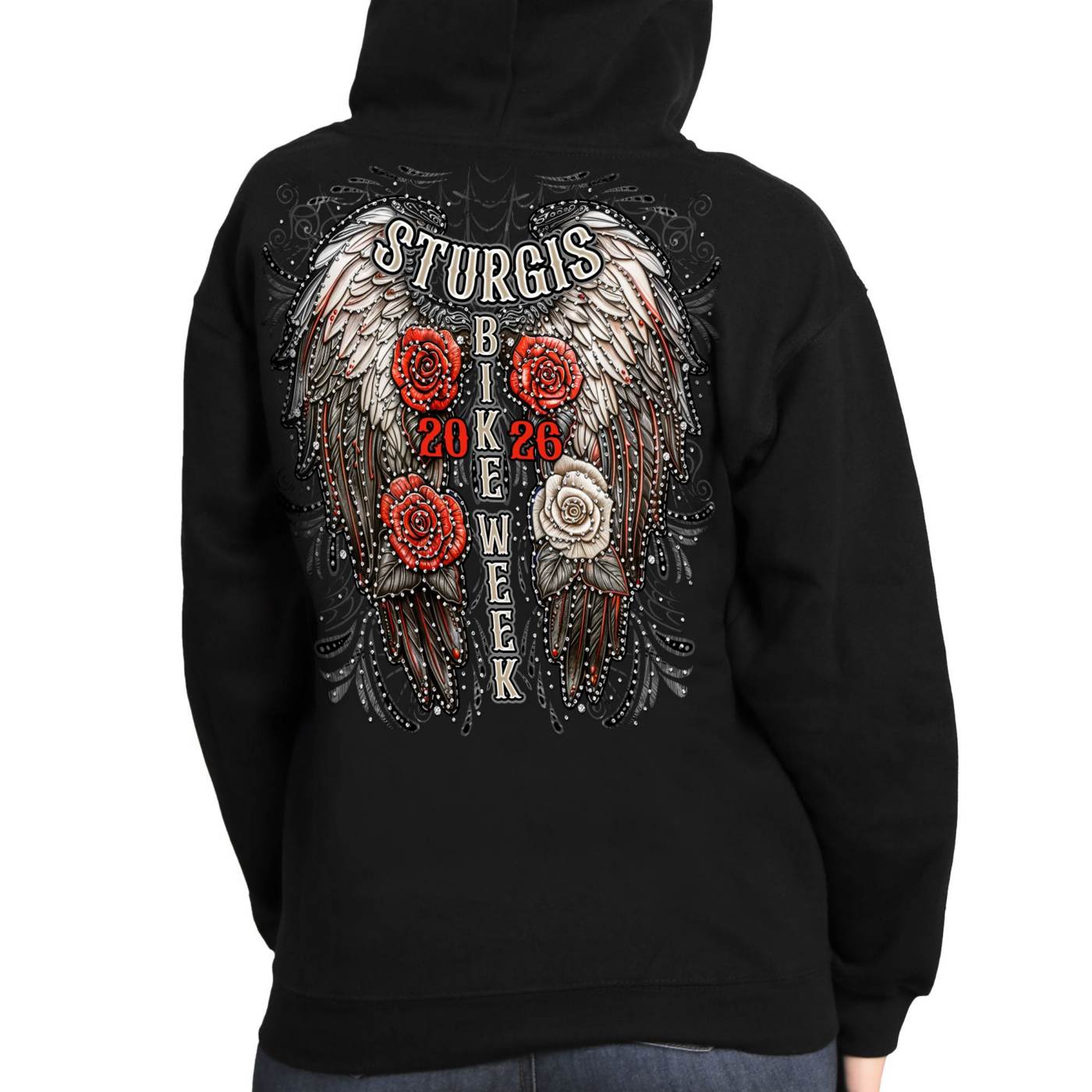 2026 Ladies Sturgis Motorcycle Rally Leather Wings Black Zip-Up Hoodie - SPL4893