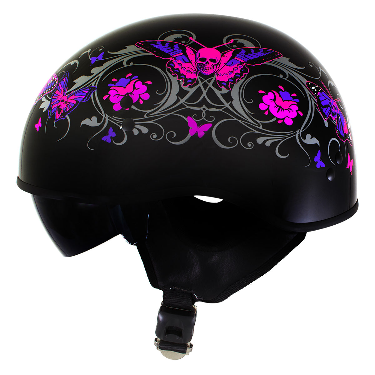 Milwaukee Helmets T72 Gloss Black Pink Butterflies Advanced DOT Helmet w/ Drop Down Visor