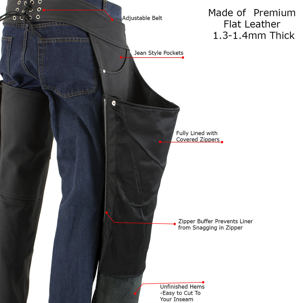 Milwaukee Leather LKM5717 Men's Flat Black Premium Leather Motorcycle Rider Biker Chaps w/ Jean Pockets